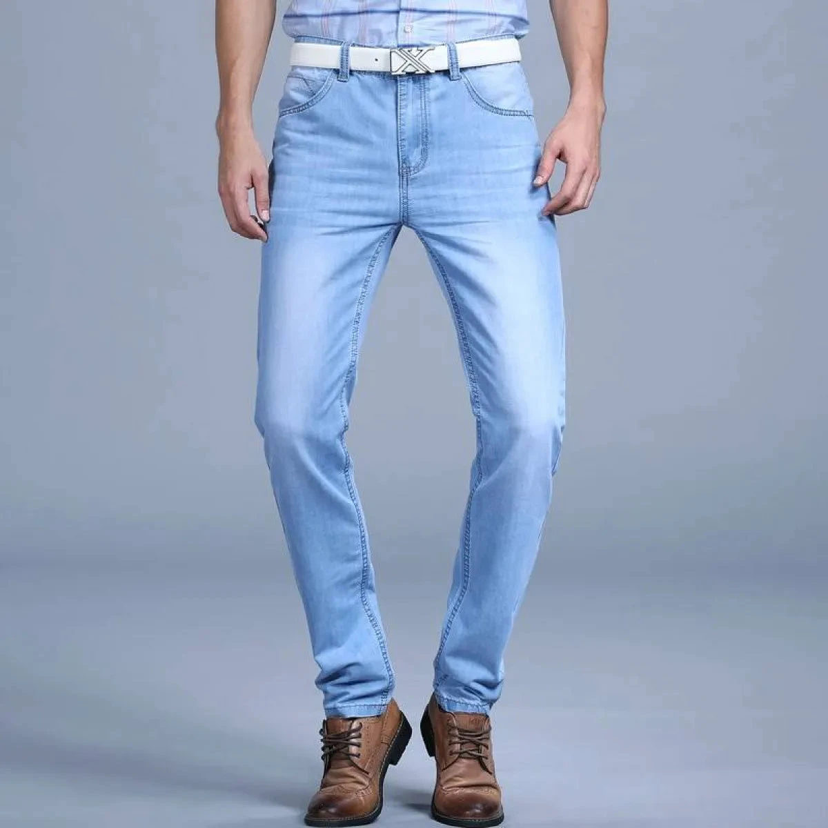 Men's Washed Slim Blue Denim Pants - Image 2