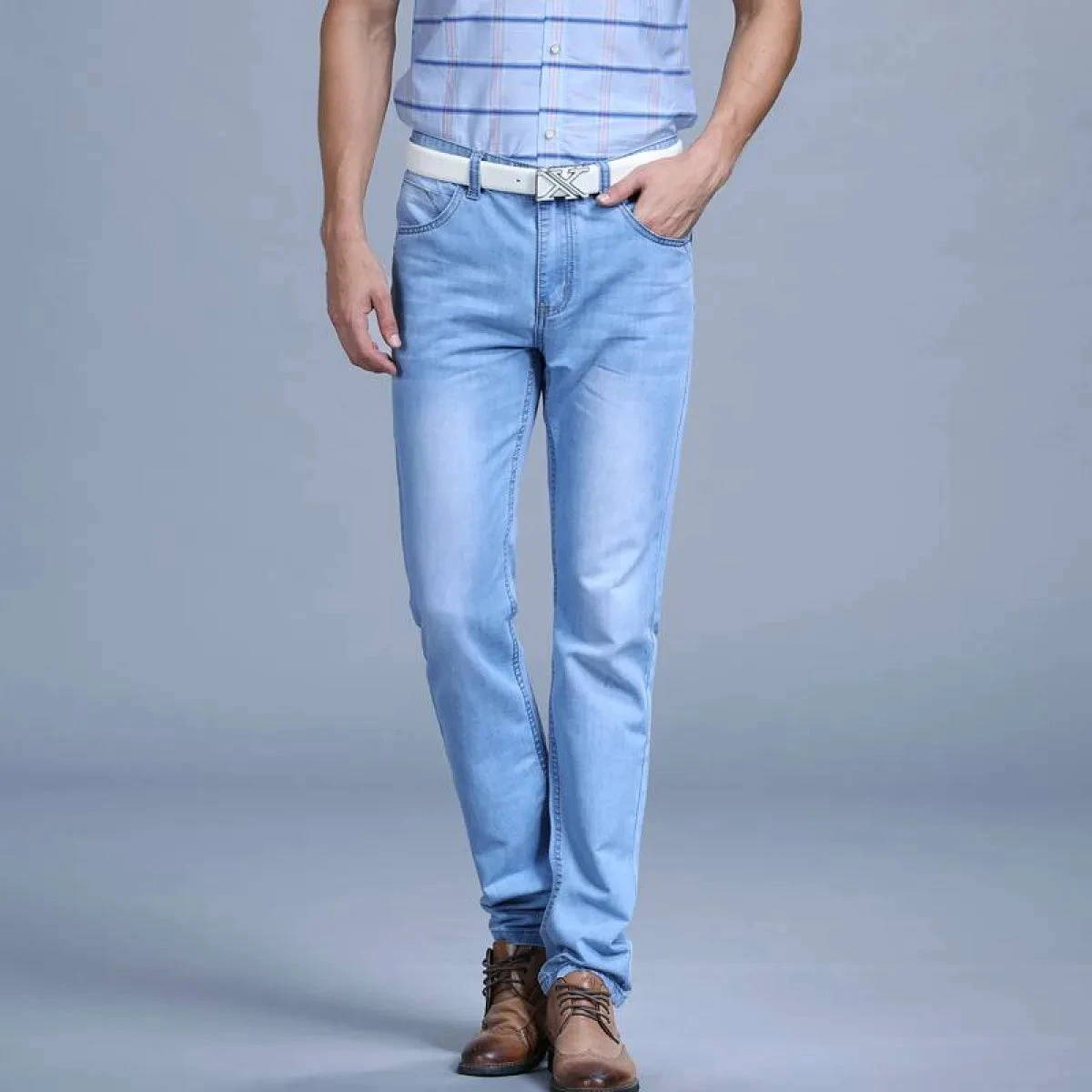 Men's Washed Slim Blue Denim Pants - Image 3