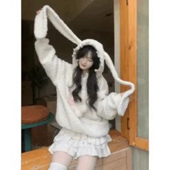 White Bunny Hoodie – Soft Lamb Wool Fleece Pullover Winter Style