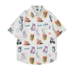 White Kawaii Cat Print Oversized Shirt – Harajuku Short Sleeve Blouse