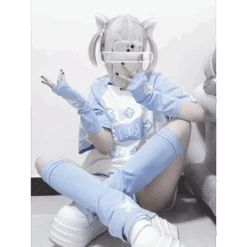 Blue & White Kawaii Harajuku Tops – Y2K Anime Print Top
