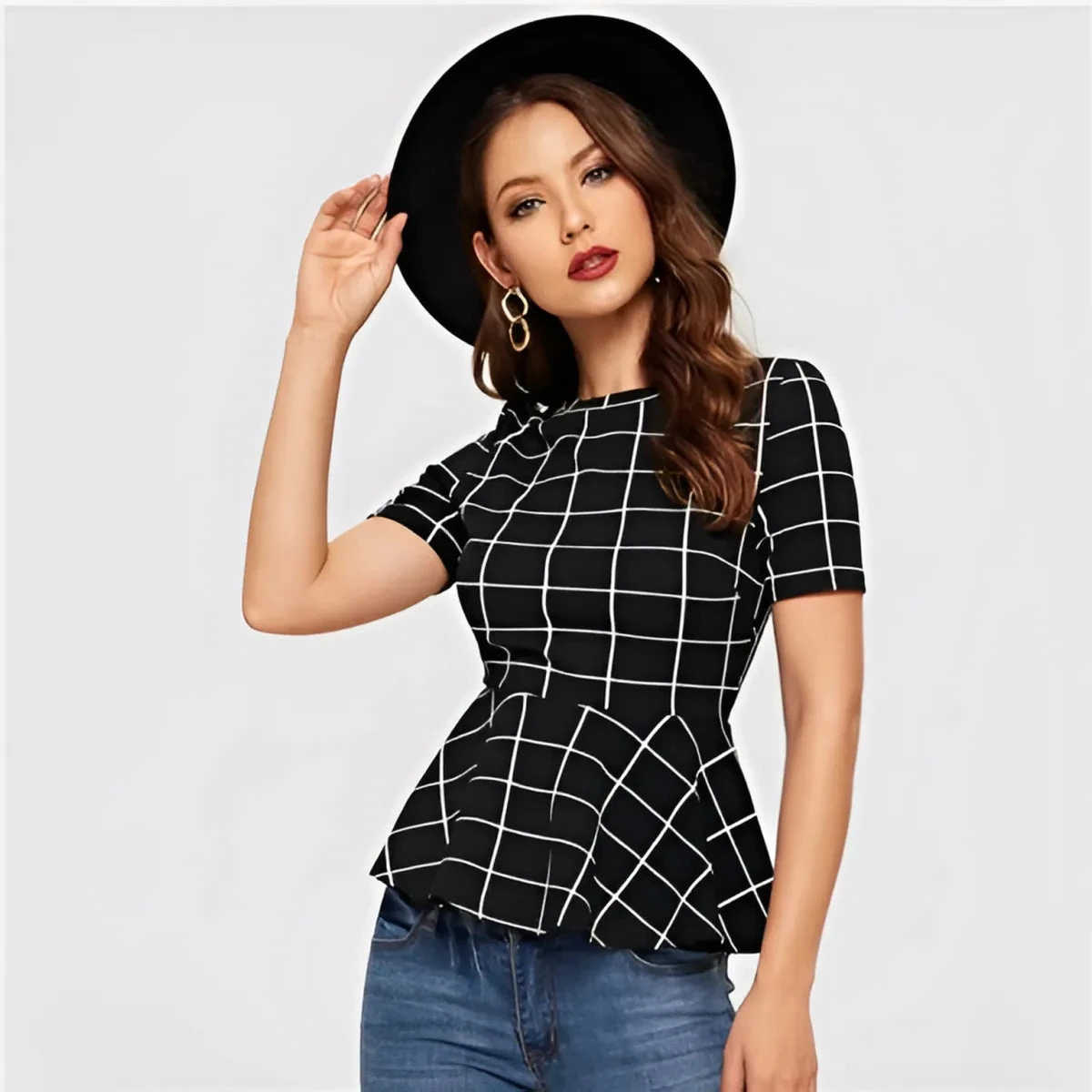 Women's Plaid Design Black Blouse - Image 6