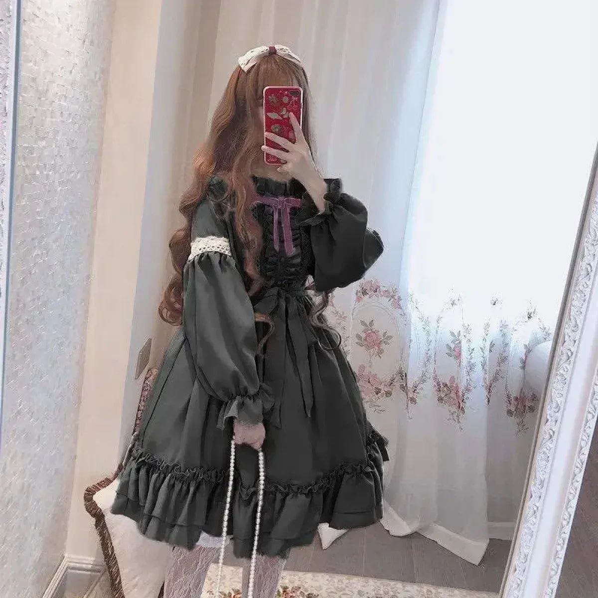 Alice In Wonderland Lolita Dress – Harajuku Fairycore Long Sleeve OP With Lace Trim - Image 7
