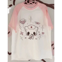 Kawaii Cartoon Patchwork T-Shirt – Harajuku Y2K Aesthetic Top