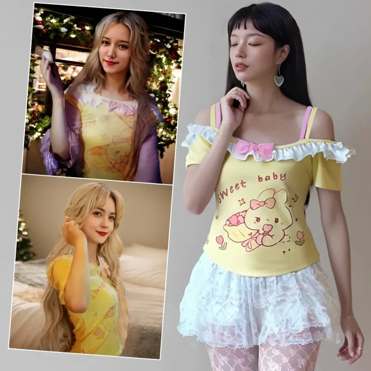 Kawaii Off-Shoulder Top – Ruffle Trim & Bunny Print - Image 4