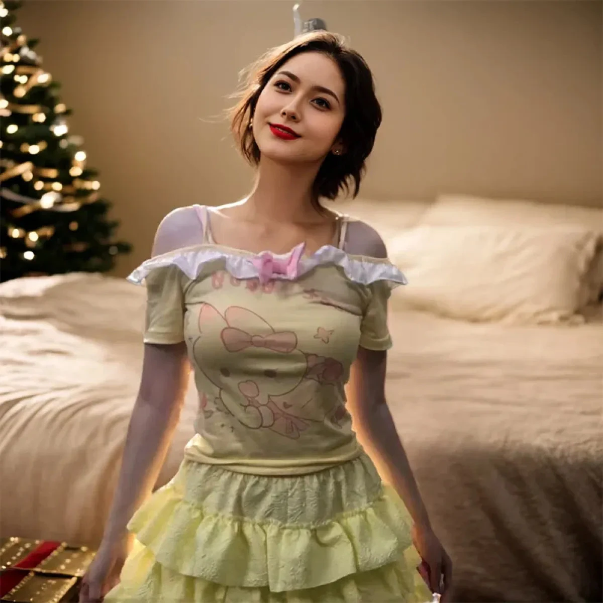 Kawaii Off-Shoulder Top – Ruffle Trim & Bunny Print - Image 5