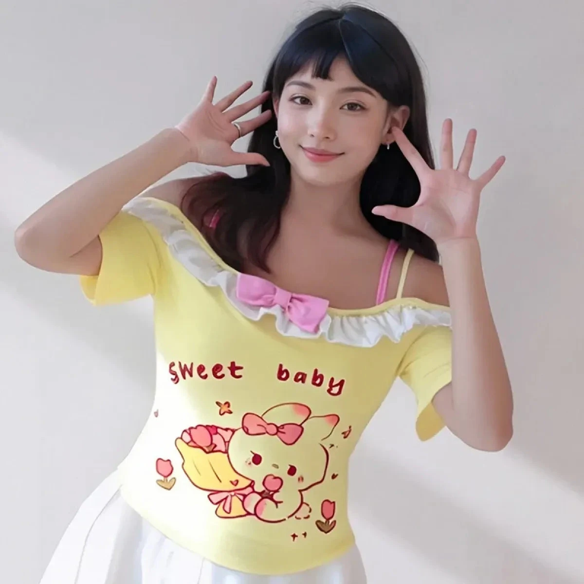 Kawaii Off-Shoulder Top – Ruffle Trim & Bunny Print