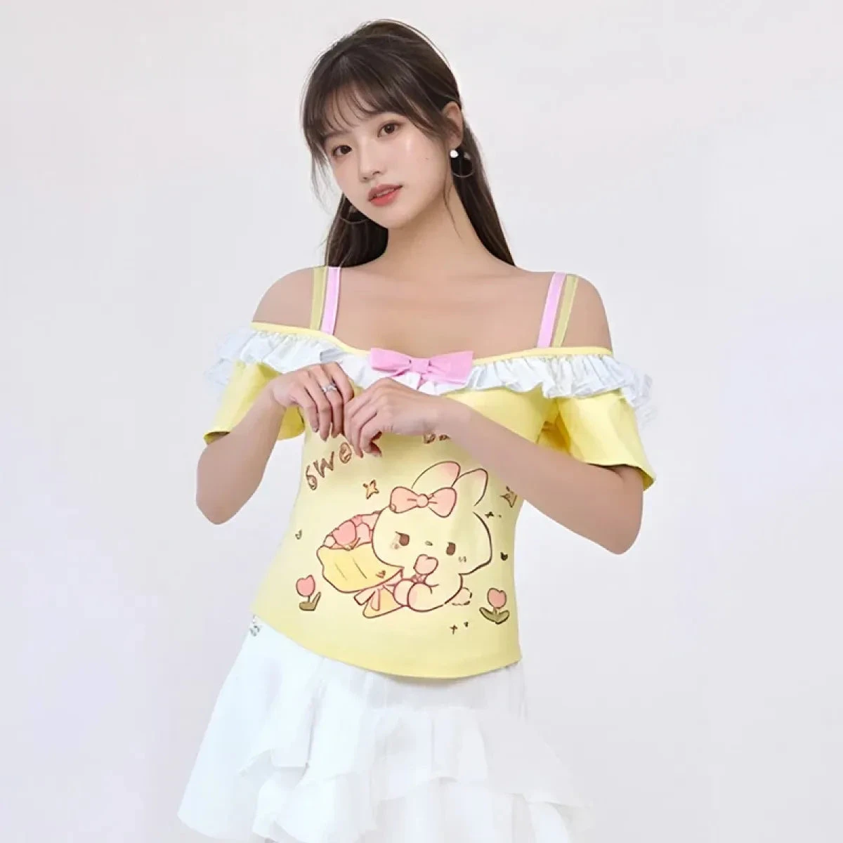 Kawaii Off-Shoulder Top – Ruffle Trim & Bunny Print - Image 2