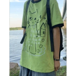 Green Harajuku Cat Print T-Shirt – Y2K Fairycore Grunge Tee
