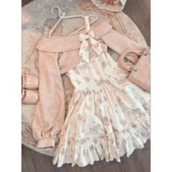 Y2K Sweet Bow Corduroy Top & Floral Dress Set – Gentle Slim Fit