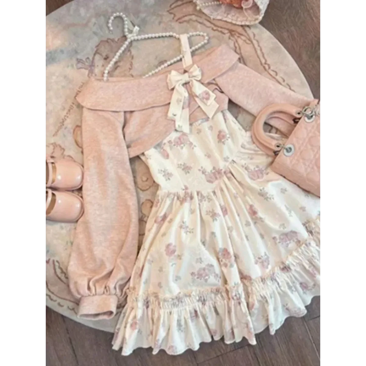 Y2K Sweet Bow Corduroy Top & Floral Dress Set – Gentle Slim Fit