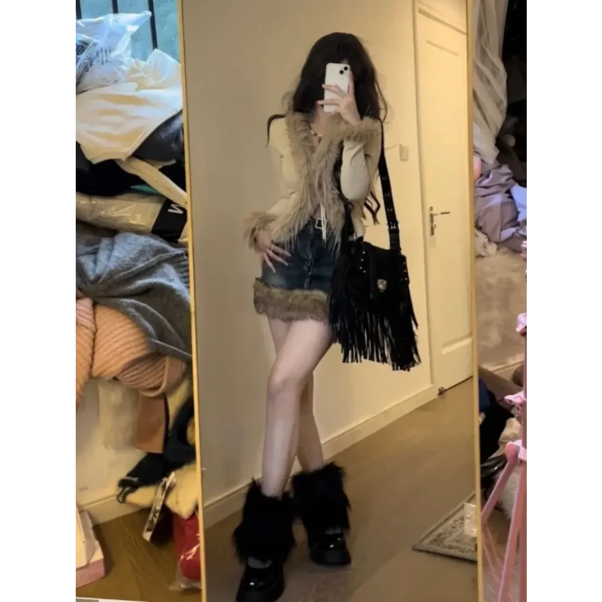 Faux Fur Trim Cardigan – Y2K Gothic Punk Knit Top - Image 5