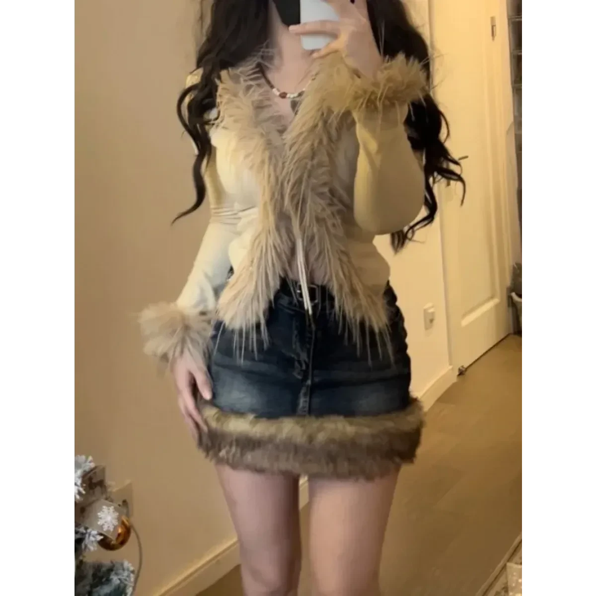 Faux Fur Trim Cardigan – Y2K Gothic Punk Knit Top - Image 6