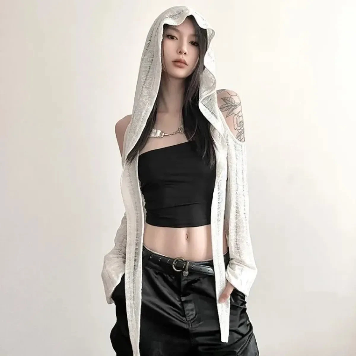 Y2K Grunge Black Hollow Out Hoodie – Slim Fit Long Sleeve Tee