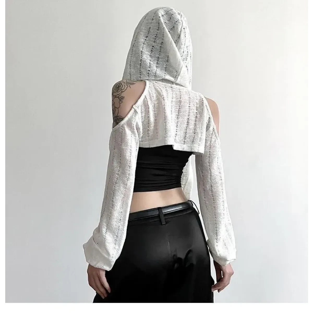 Y2K Grunge Black Hollow Out Hoodie – Slim Fit Long Sleeve Tee - Image 3