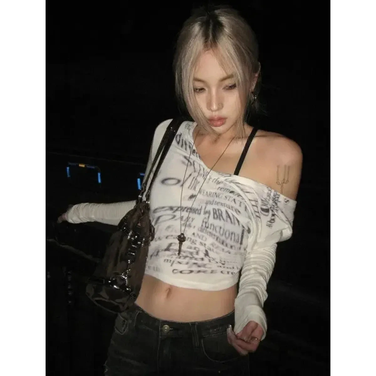 White Off-Shoulder Letter Print Top – Y2K Grunge Crop Tee - Image 3