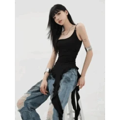 Black Asymmetrical Ruffle Tank Top – Y2K Grunge Punk Camisole