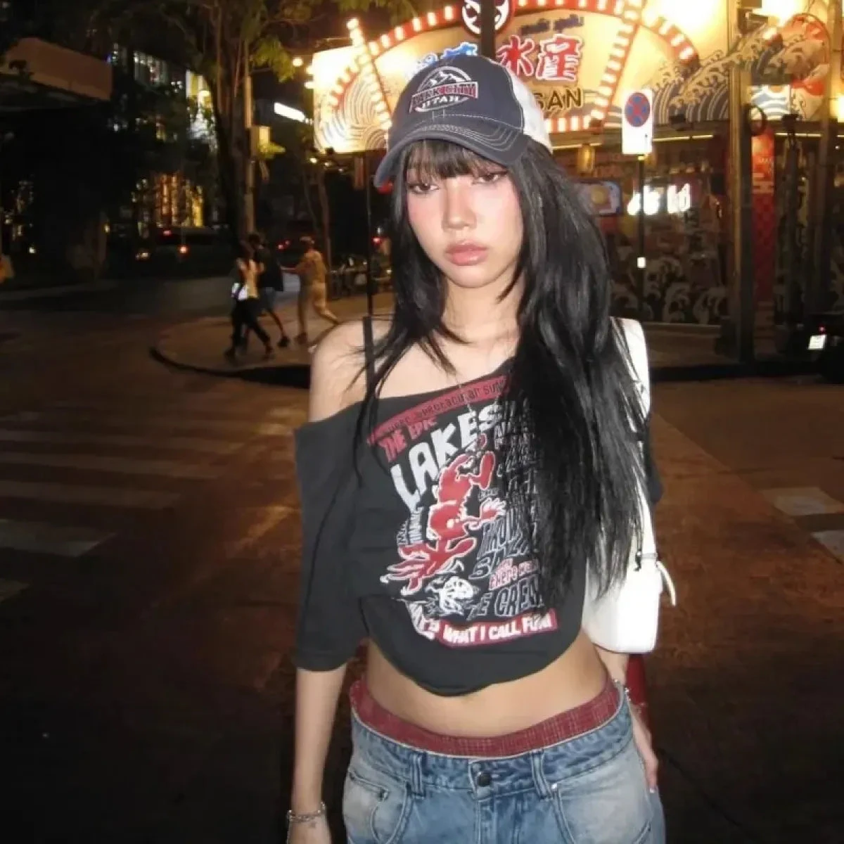 Black Off-Shoulder Graphic Tee – Y2K Grunge Punk Harajuku Crop Top - Image 7