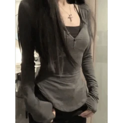 V-Neck Long Sleeve Tee – Y2K Grunge Slim Fit Layered Top