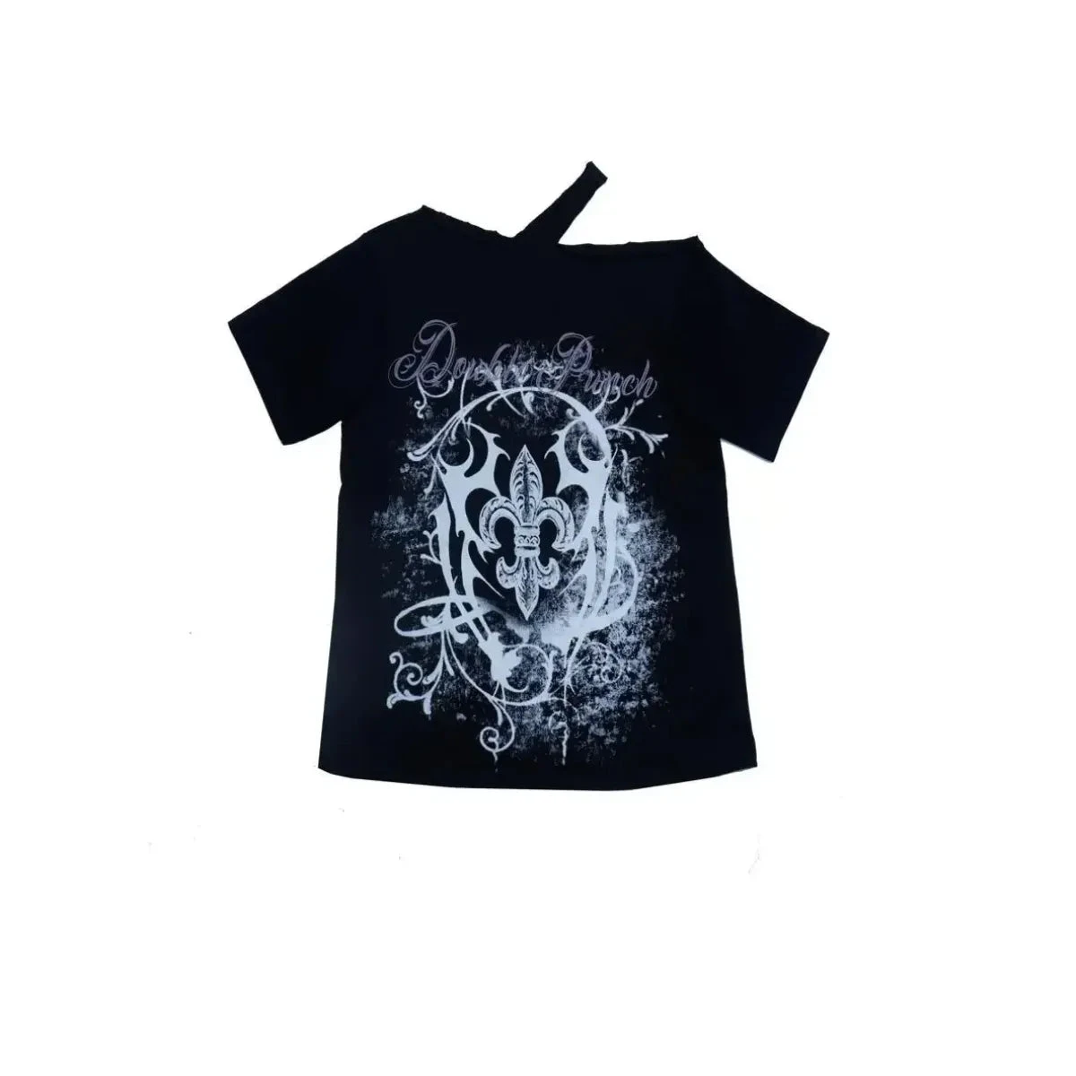Black Gothic Print T-Shirt – Off-Shoulder Y2K Grunge Tee - Image 3