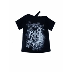 Black Gothic Print T-Shirt – Off-Shoulder Y2K Grunge Tee