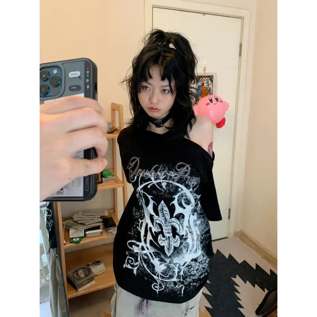 Black Gothic Print T-Shirt – Off-Shoulder Y2K Grunge Tee - Image 2