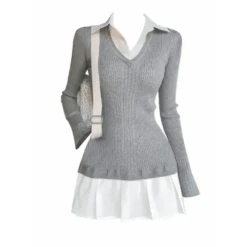 Preppy Knitted Mini Dress – Y2K Gyaru Fake Two-Piece