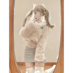 Kawaii Faux Fur Coat & Mini Skirt Set – Y2K Harajuku Outfit