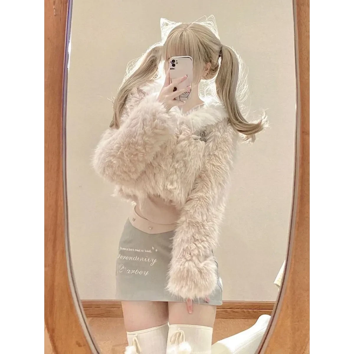 Kawaii Faux Fur Coat & Mini Skirt Set – Y2K Harajuku Outfit