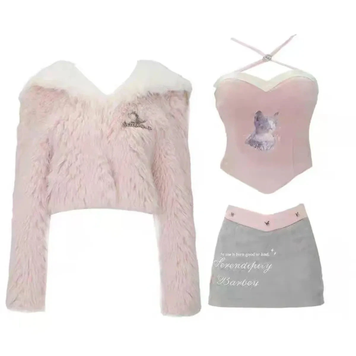 Kawaii Faux Fur Coat & Mini Skirt Set – Y2K Harajuku Outfit - Image 5