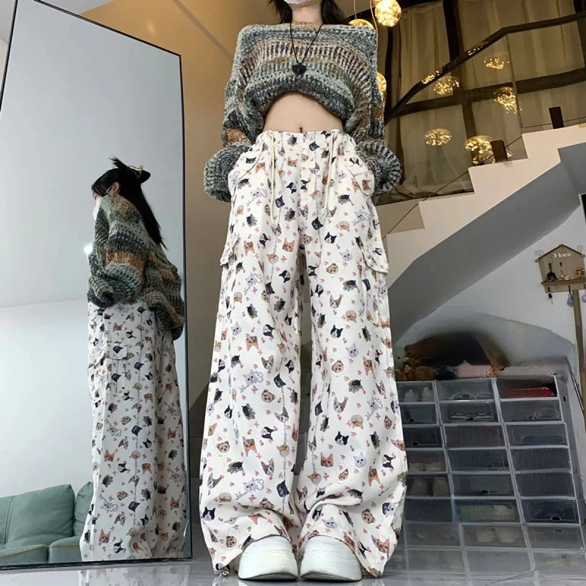 Cat Print Wide-Leg Pants – Y2K Harajuku Streetwear - Image 3