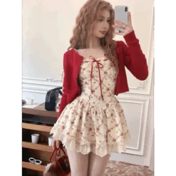Sweet Lolita Floral Lace Mini Dress Set – Y2K Red Cardigan Suit