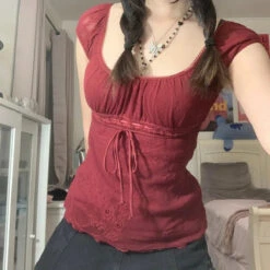 Red Square Collar Crop Top - Y2K Vintage Fairy Grunge Tee