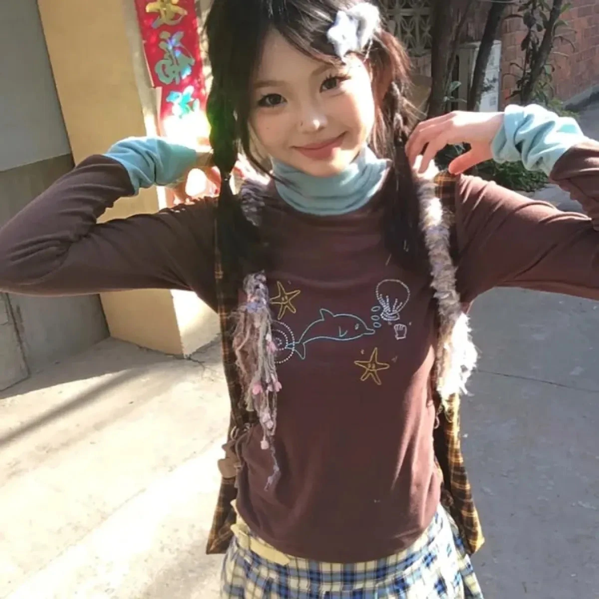 Ocean Print Layered Tee – Y2K Vintage Slim Fit Long Sleeve Top - Image 7