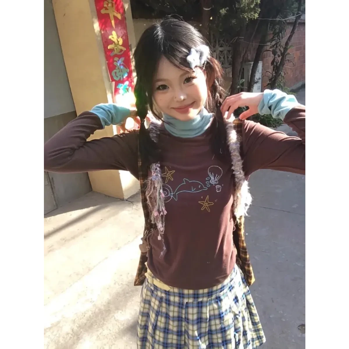 Ocean Print Layered Tee – Y2K Vintage Slim Fit Long Sleeve Top - Image 6