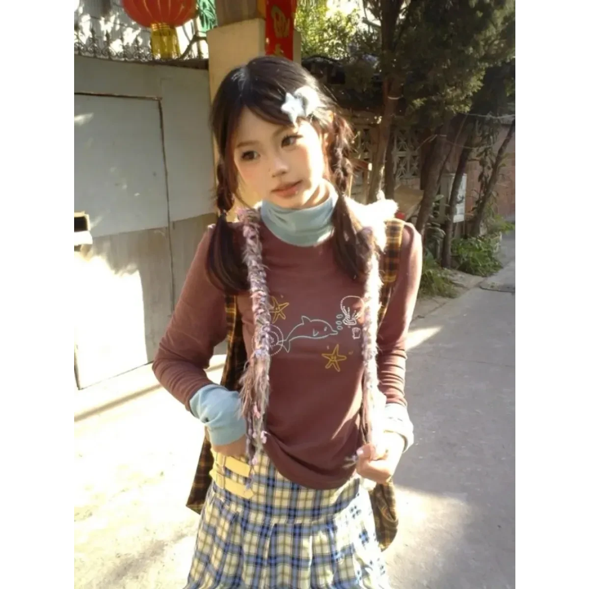 Ocean Print Layered Tee – Y2K Vintage Slim Fit Long Sleeve Top - Image 3