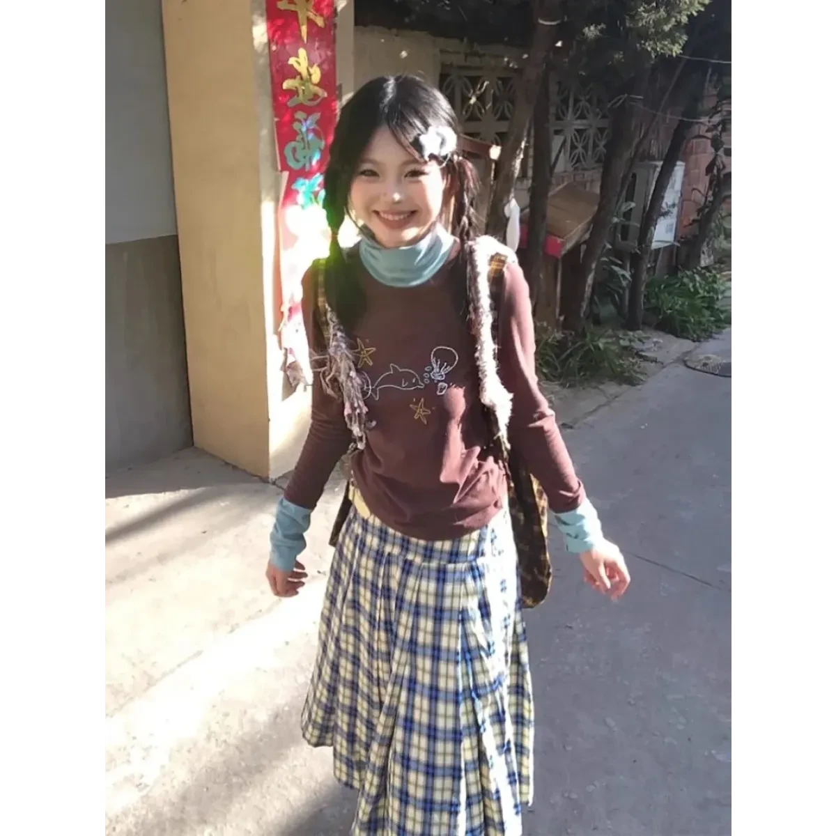 Ocean Print Layered Tee – Y2K Vintage Slim Fit Long Sleeve Top - Image 5